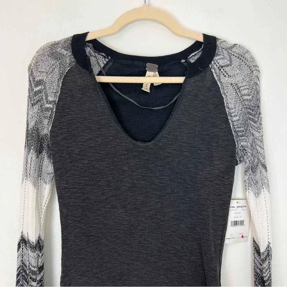 Free People Sunshine Thermal Knit Bell Sleeve Top Black Small Boho Casual Winter